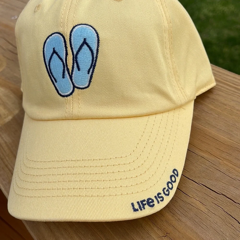 Life is Good Yellow Baseball Cap with Blue Flipflops